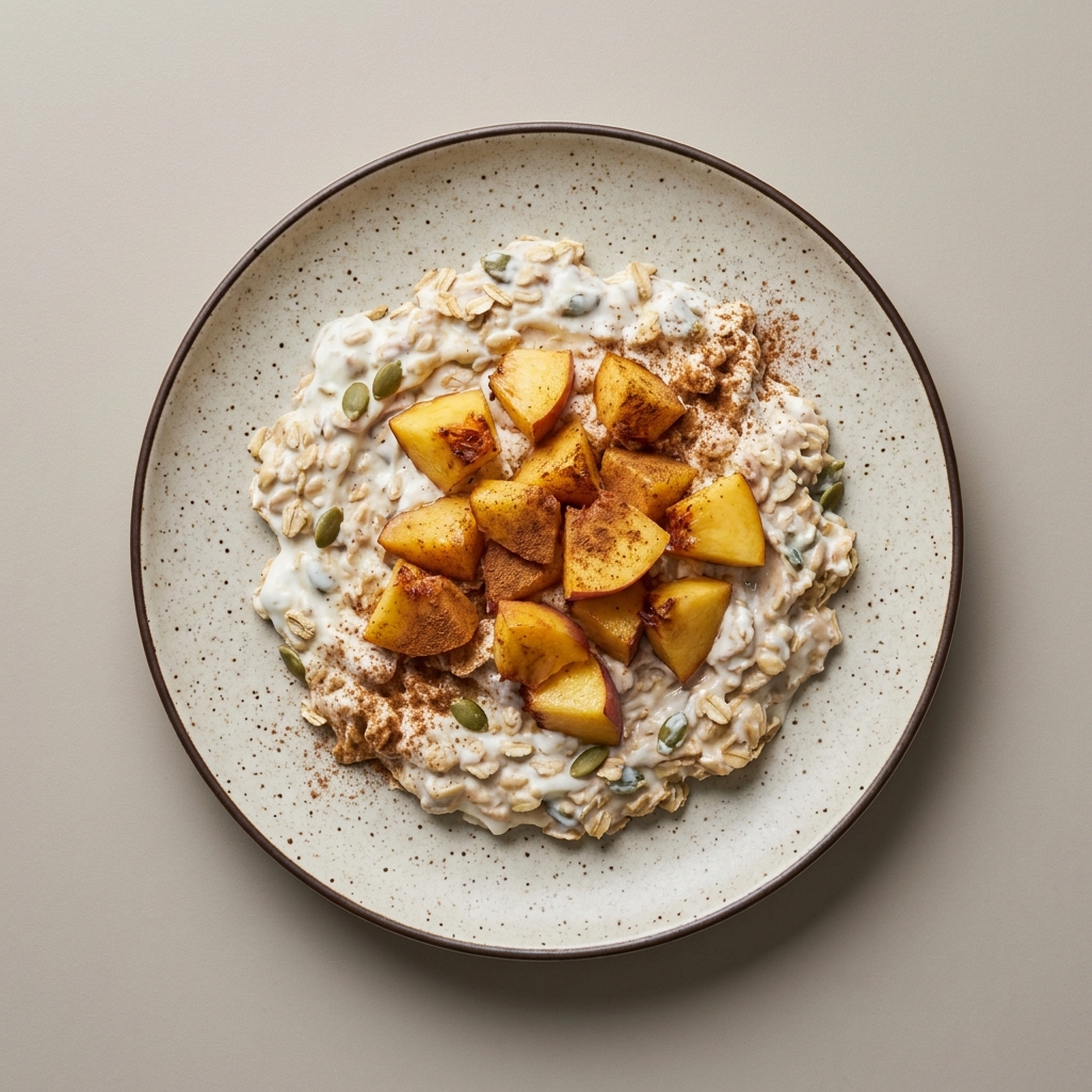 Yogurt con avena, durazno y pepitas de calabaza