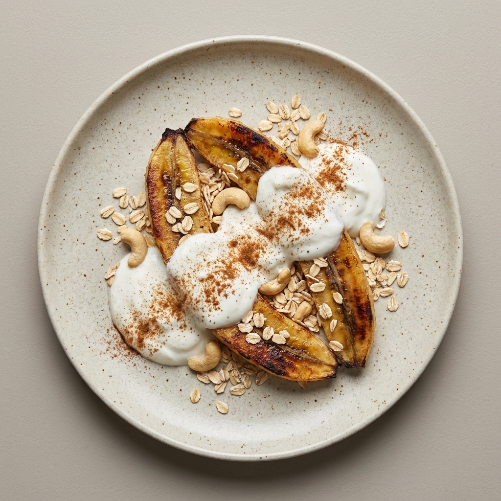 Plátano al horno con avena, nuez de la india, y yogurt natural