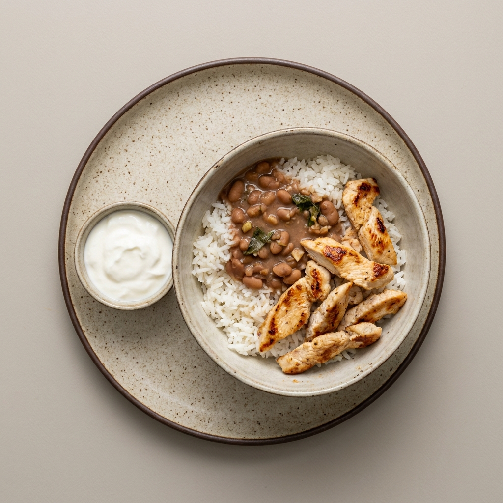 Bowl de arroz con frijoles y pechuga de pollo, con yogurt