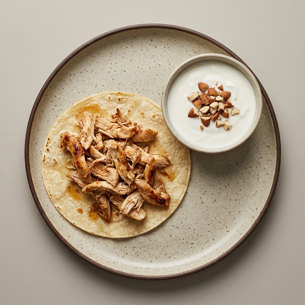 Taco sencillo de pollo acompañado de yogurt con almendra