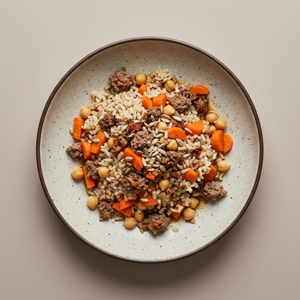 Bowl de arroz integral con res, zanahoria y garbanzos
