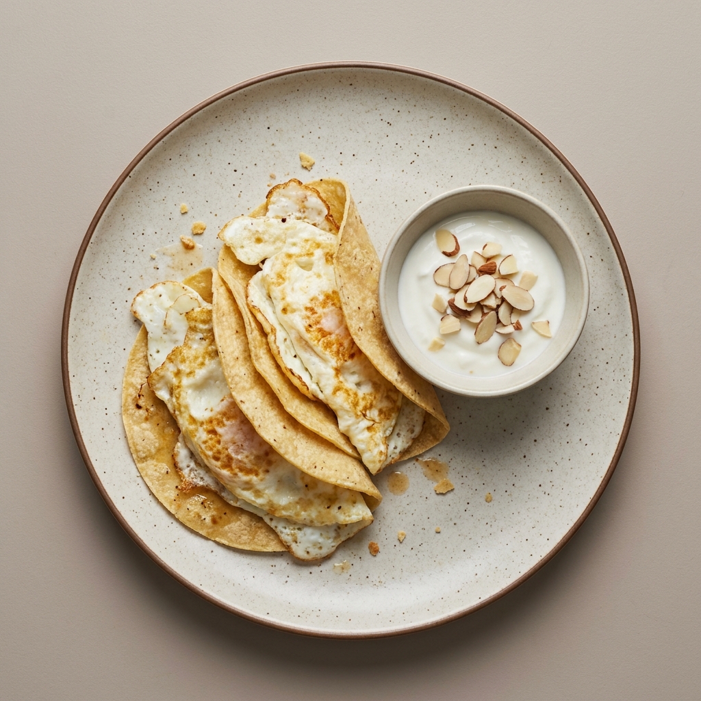 Tacos de claras de huevo acompañado de yogurt con almendra