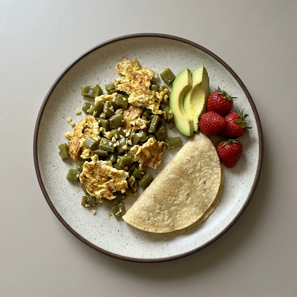 Huevo con nopal y aguacate, acompañado de tortilla de maíz
