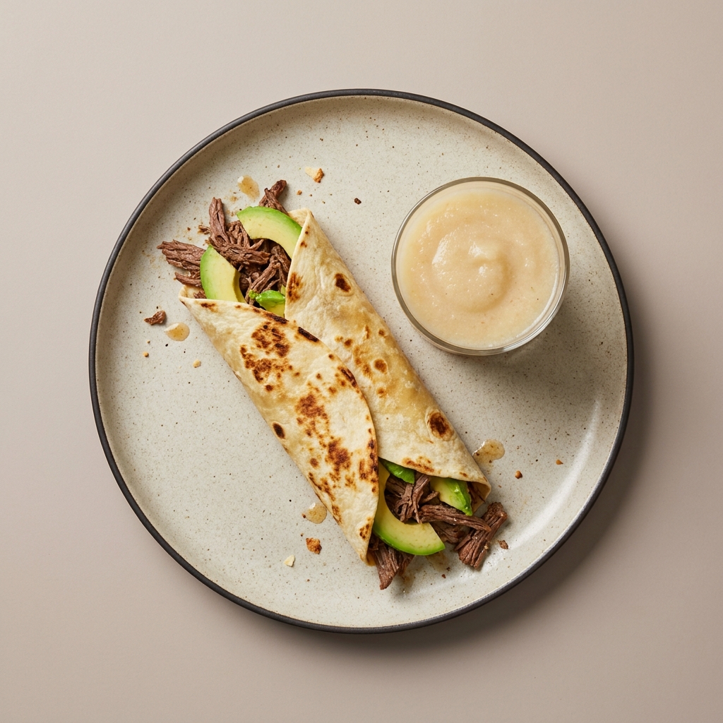 Wrap de res con aguacate y licuado de manzana.