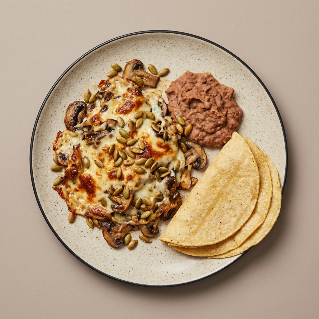 Queso fundido con champiñones, frijoles, tortillas y pepitas