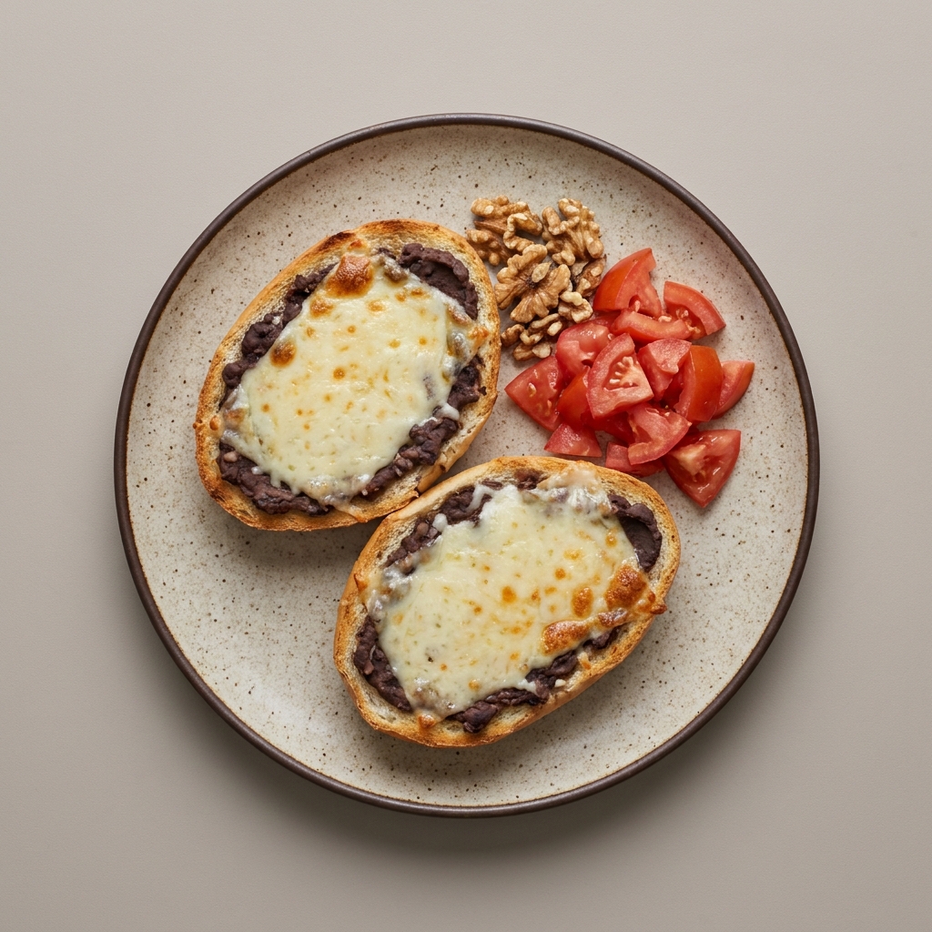 Molletes de frijol con queso manchego gratinado, jitomate y nuez