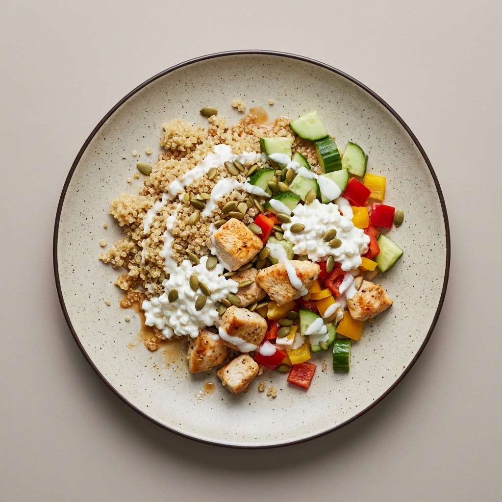 Bowl con pollo, queso cottage pepino, pimientos, pepinas de calabaza y aderezo de yogurt