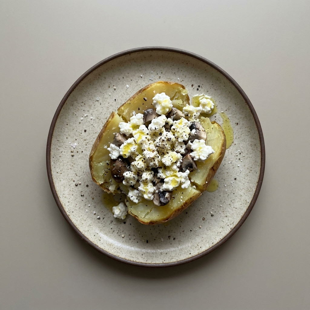Papa rellena de requesón y champiñones