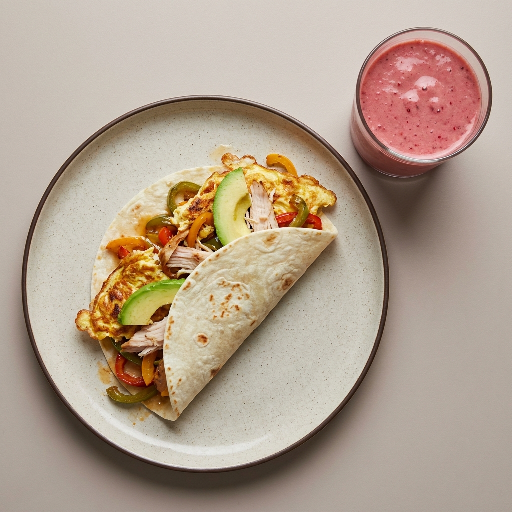 Wrap de huevo con pechuga de pavo y pimientos + licuado de frambuesa en un vaso