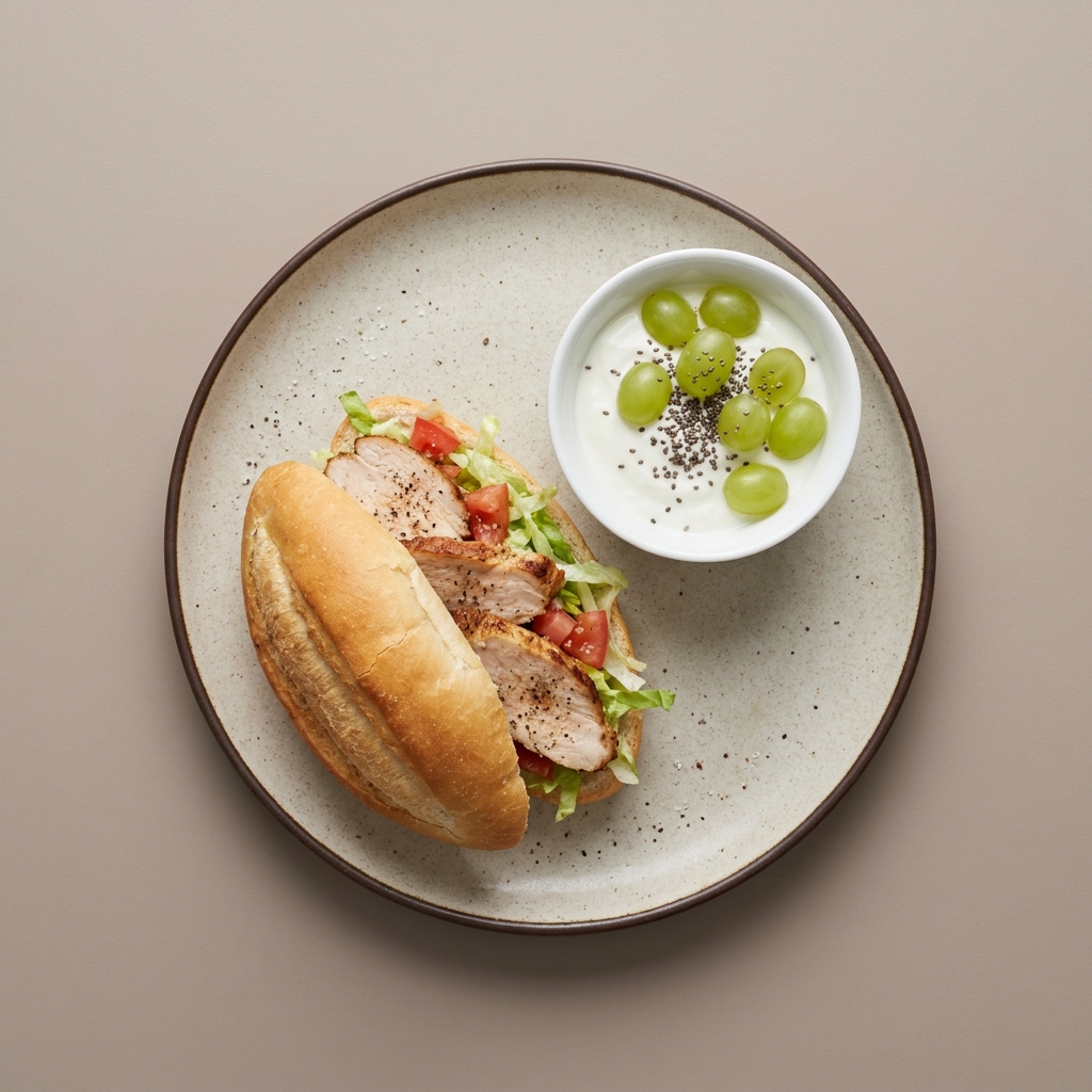 Torta de pechuga de pavo con vegetales + bowl de yogurt griego con uvas y chía