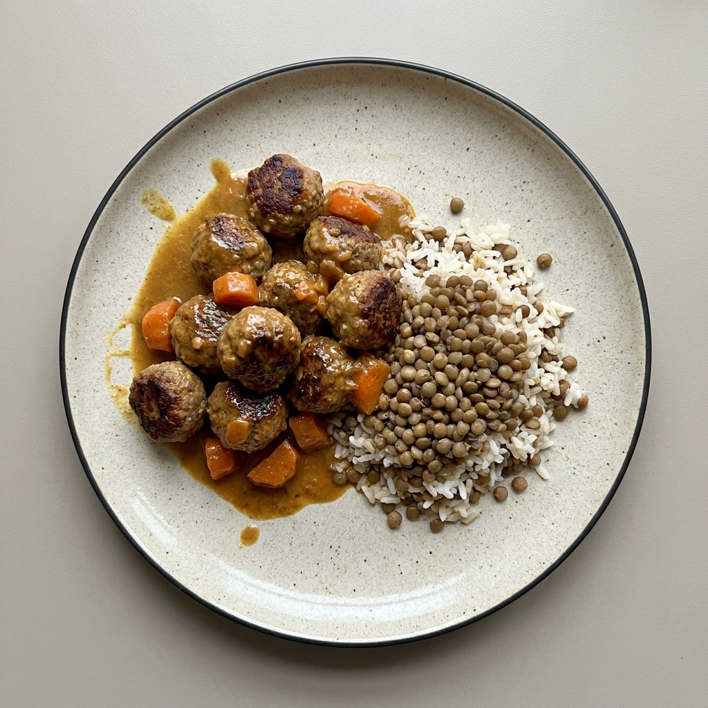 Albóndigas de res en salsa de cacahuate con zanahoria, lentejas y arroz