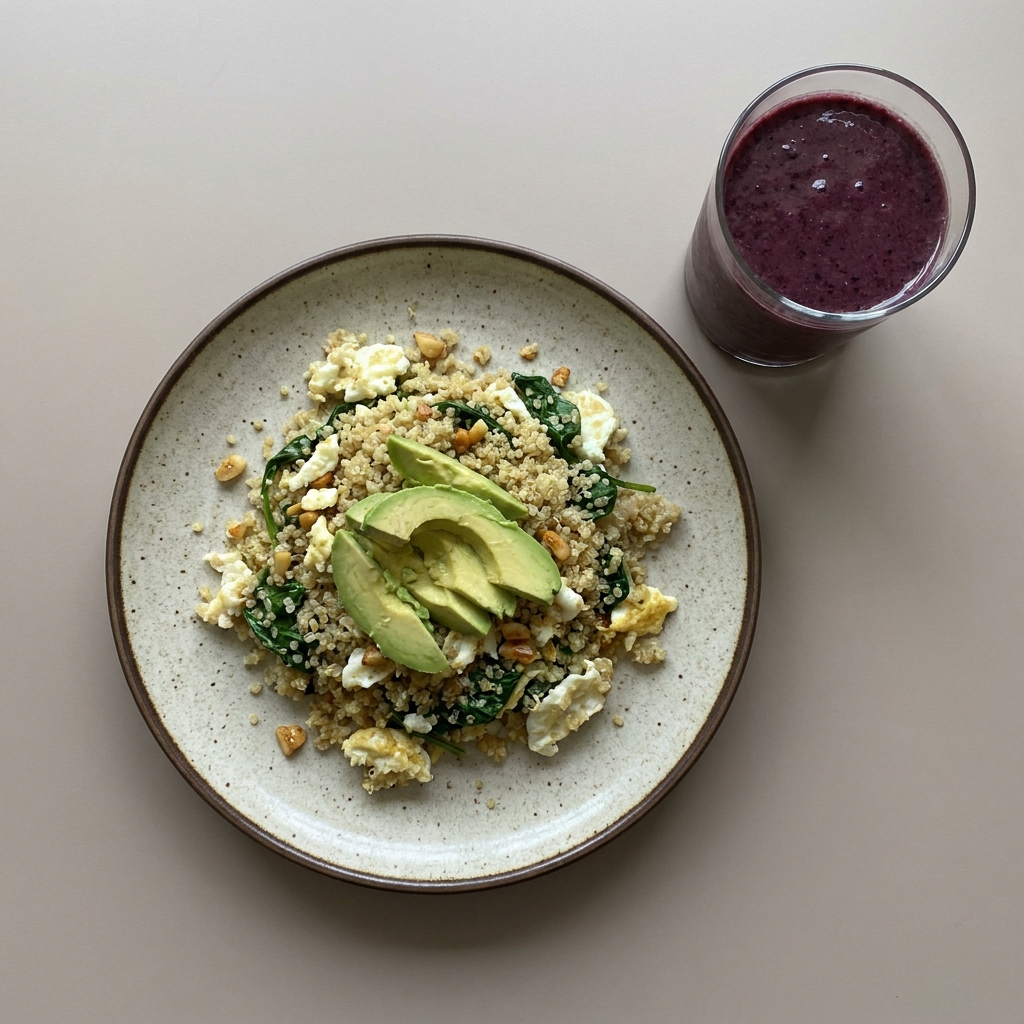Bowl de quinoa con clara de huevo, espinaca y aguacate + smoothie de zarzamora