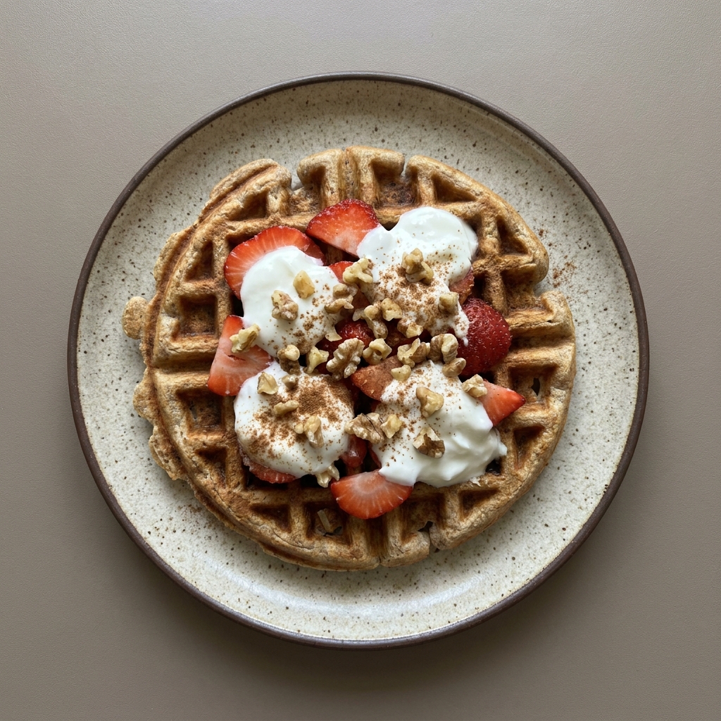 Wafle integral con nuez, fresa y yogurt griego