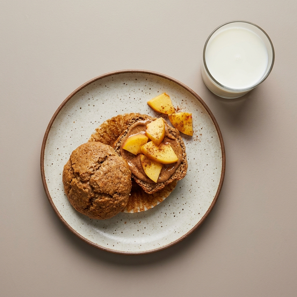 Muffin integral con crema de almendra, durazno y leche descremada