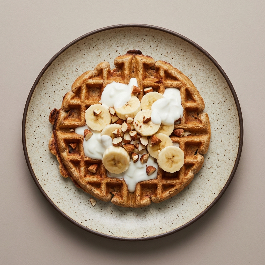 Wafle integral con almendra, plátano y yogurt griego