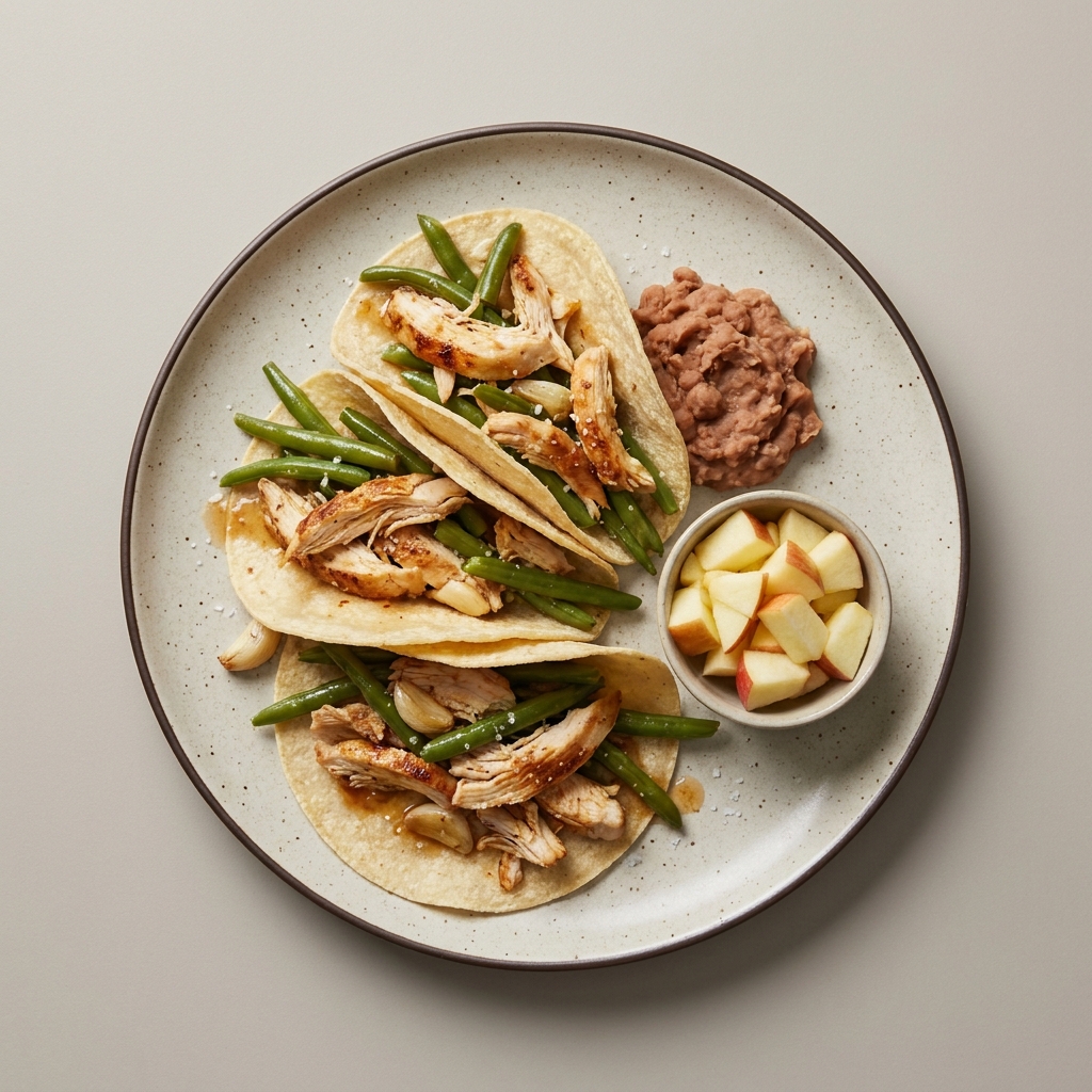 Tacos de pechuga de pollo deshebrada con ejote, con bowl de manzana