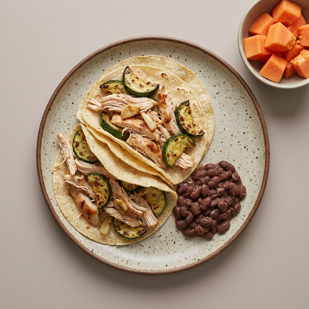 Tacos de pechuga de pollo deshebrada con calabacita + bowl de papaya