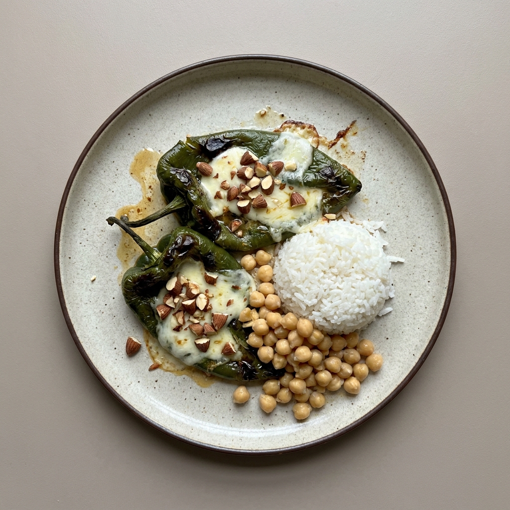 Chiles poblanos rellenos de queso oaxaca y almendra, acompañado de garbanzos y arroz