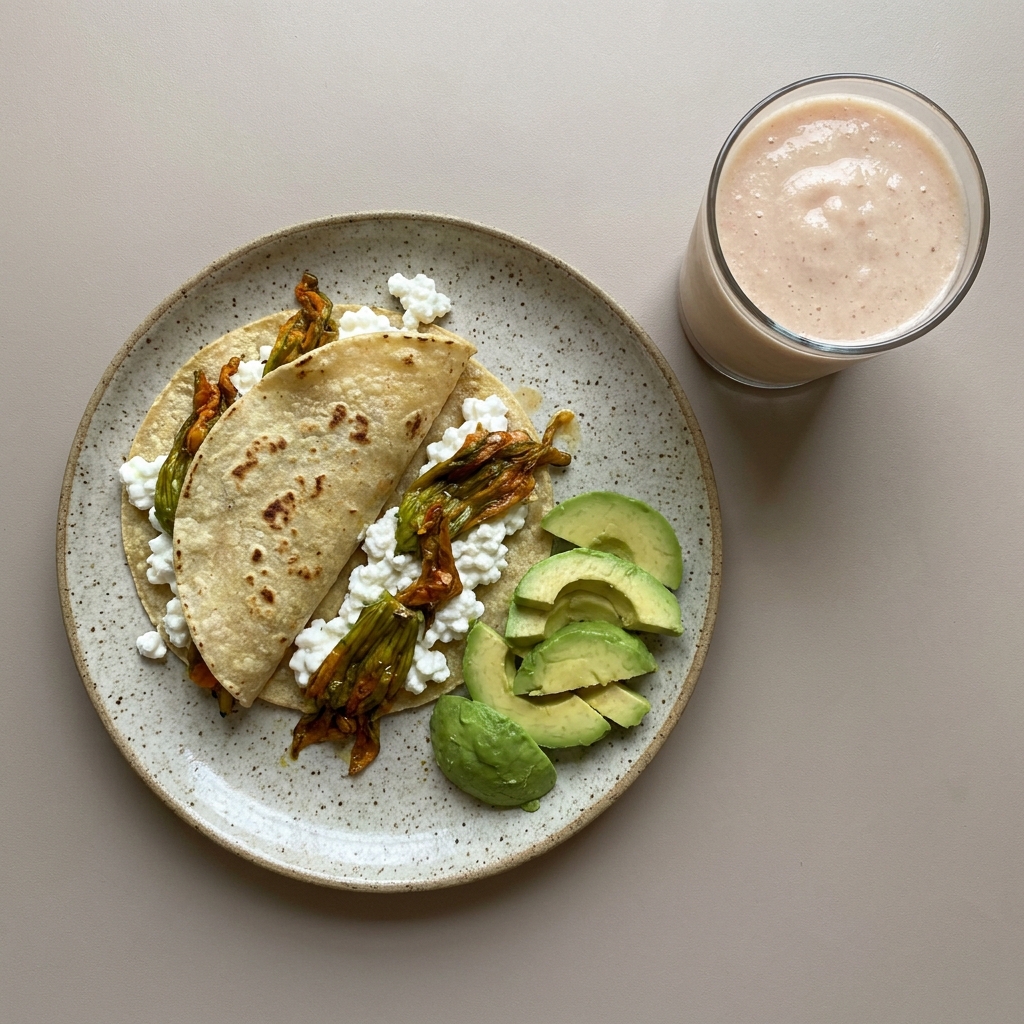 Quesadillas de queso cottage con flor de calabaza, aguacate y licuado de guayaba