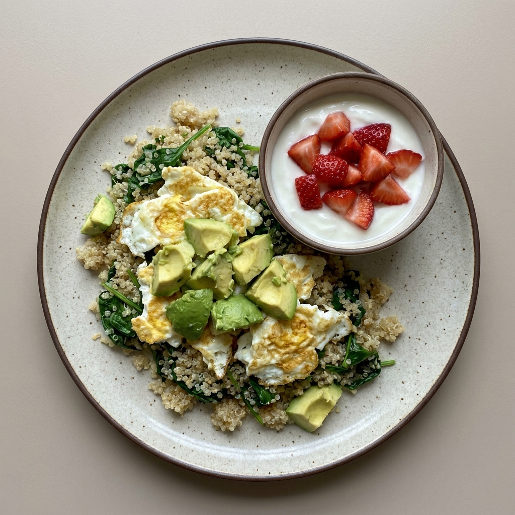 Quinoa con clara de huevo, espinaca y aguacate, con yogurt con fresas