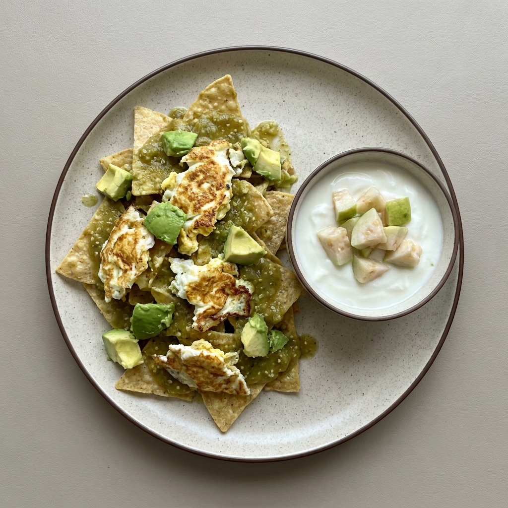 Chilaquiles verdes con claras de huevo y aguacate, acompañado de  yogurt y guayaba picada