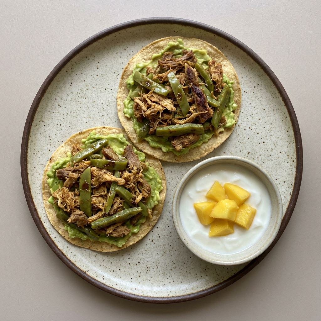 Tostadas de machaca con nopal y aguacate, acompañada de yogurt con mango