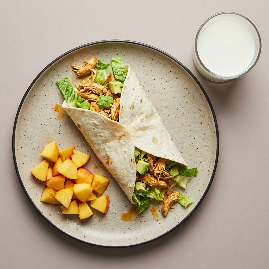 Wrap de pollo con lechuga y aguacate, con durazno y vaso de leche