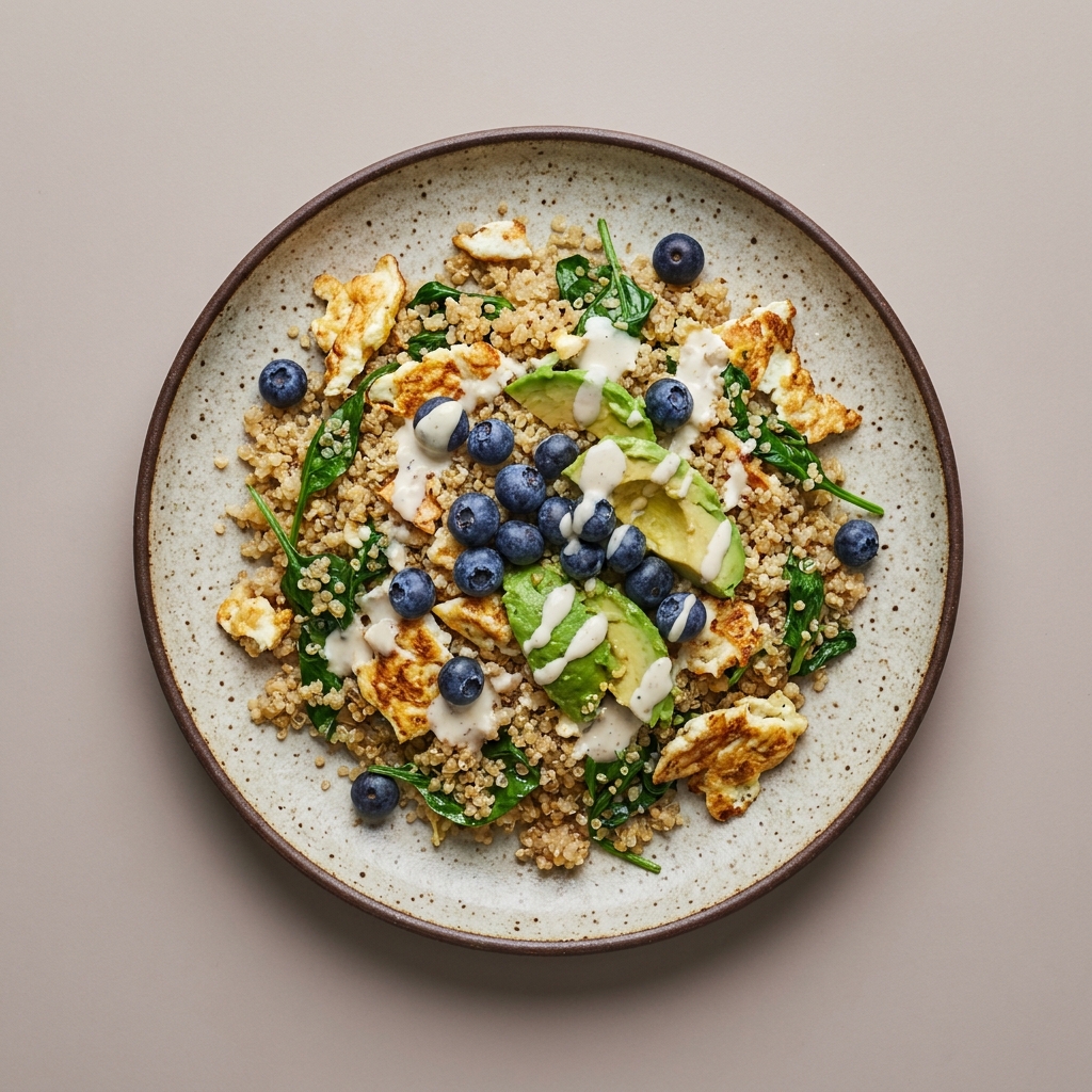 Bowl de quinoa con clara de huevo, espinaca y aguacate, con arándanos y aderezo de jocoque