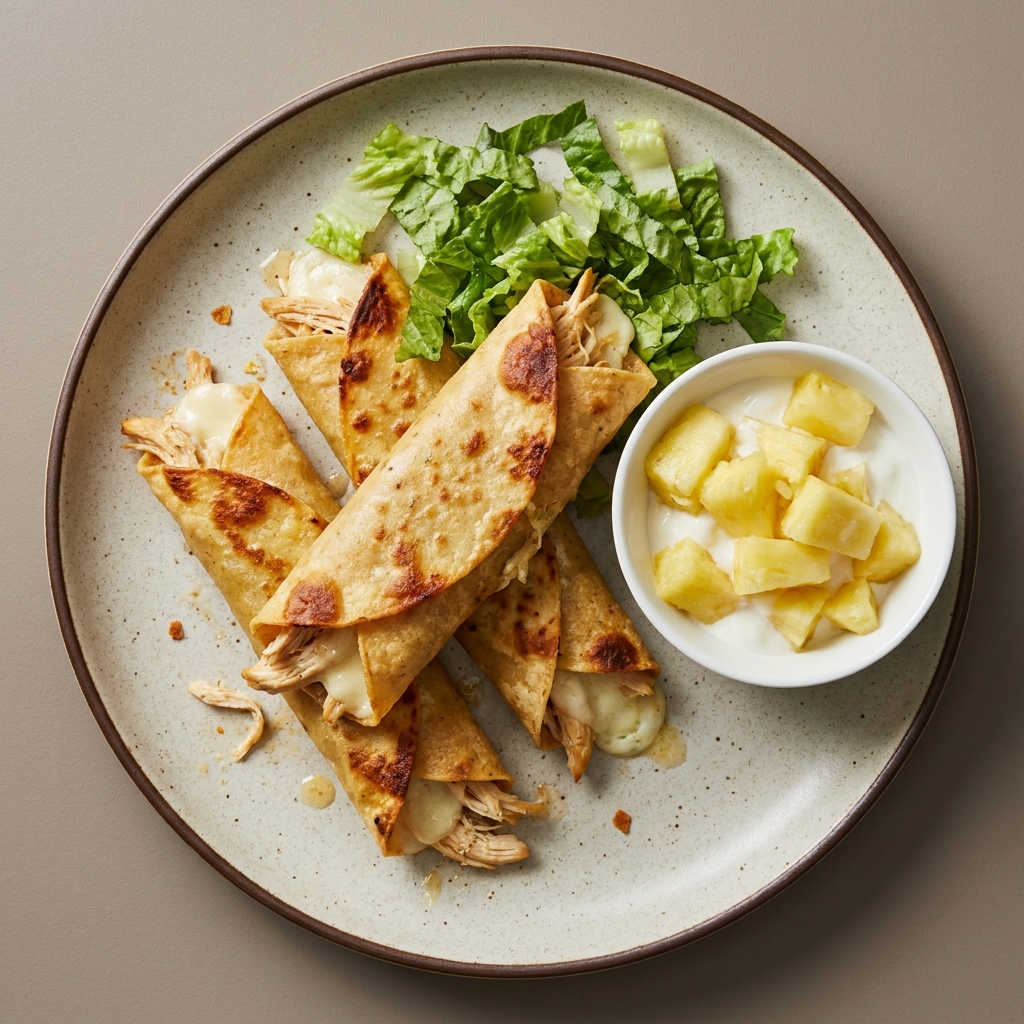 Flautas doradas de pechuga de pollo deshebrada con queso panela y lechuga, acompañada de piña picada y yogurt natural