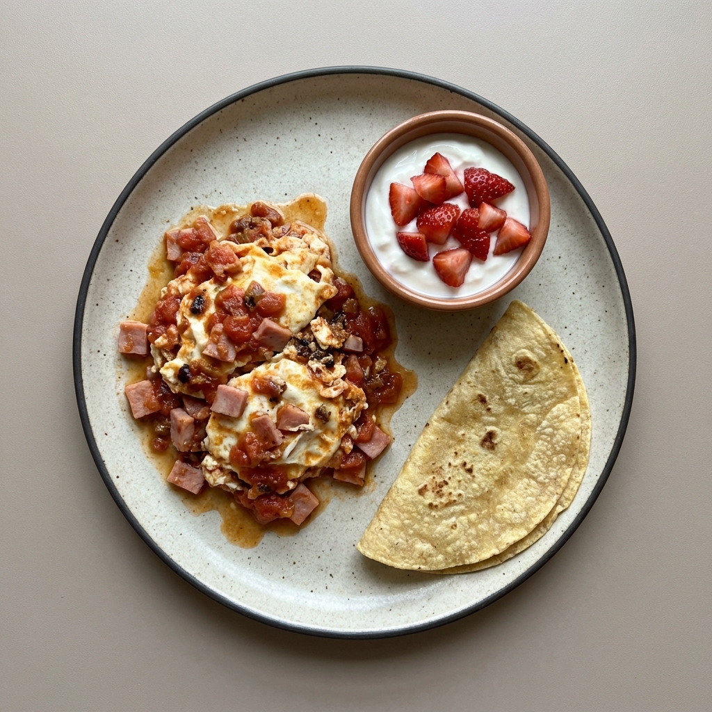 Clara con jamón en salsa de jitomate, y tortilla acompañadas de  yogurt y fresas picadas