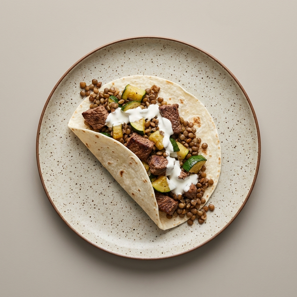 Burrito de bistec con calabacitas y lentejas en tortilla de harina