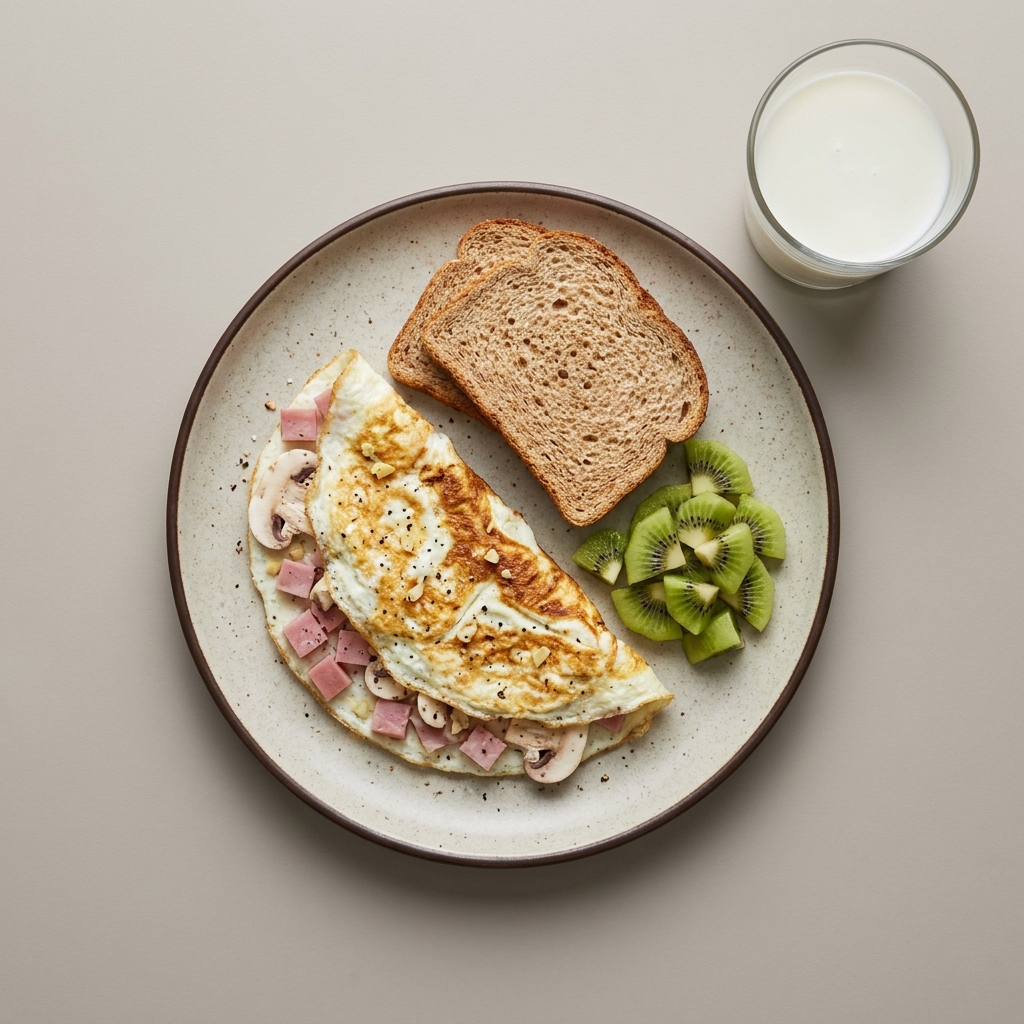 Omelette de claras con jamón y champiñon, con pan integral, kiwi y vaso de leche