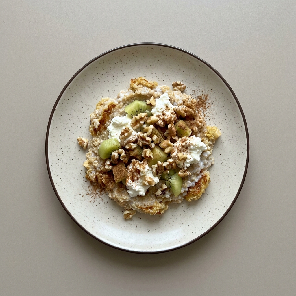 Bowl de amaranto natural con queso ricotta, nuez, y kiwi