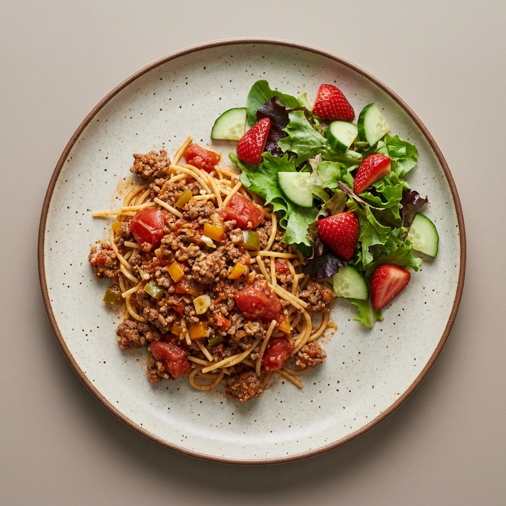 Pasta la bolognesa con ensalada verde y fresas
