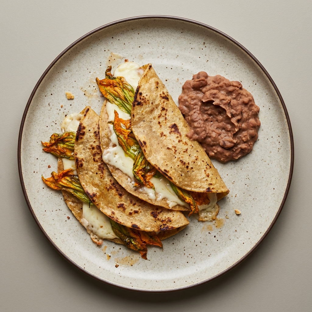 Quesadillas de queso oaxaca con flor de calabaza, con frijoles