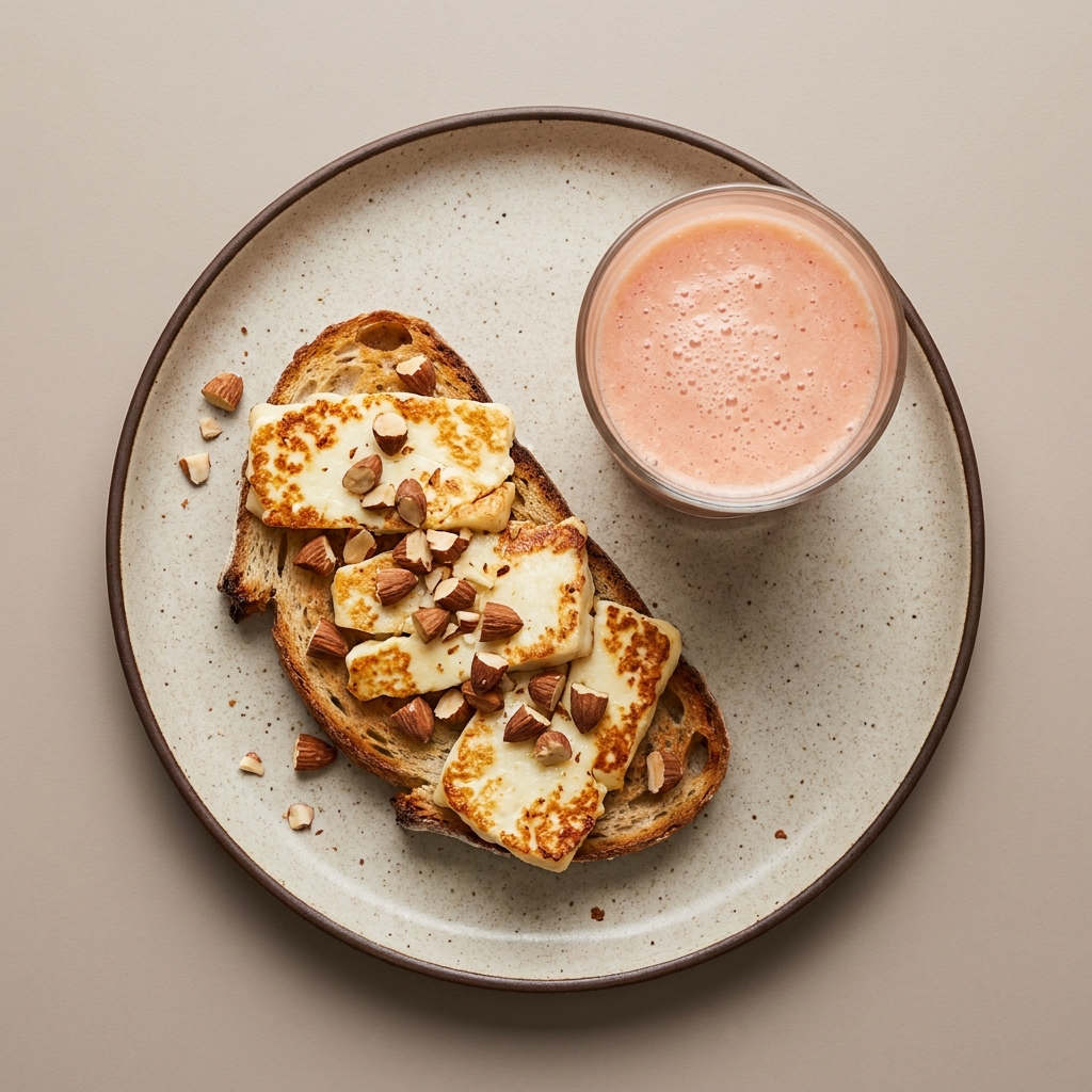 Pan con queso panela y almendra acompañado de licuado de guayaba