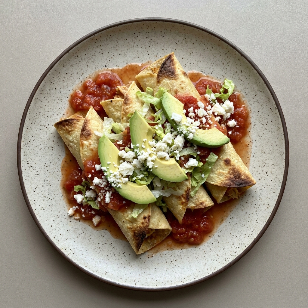 Flautas horneadas de pollo en salsa roja de jitomate, lechuga, queso fresco y aguacate