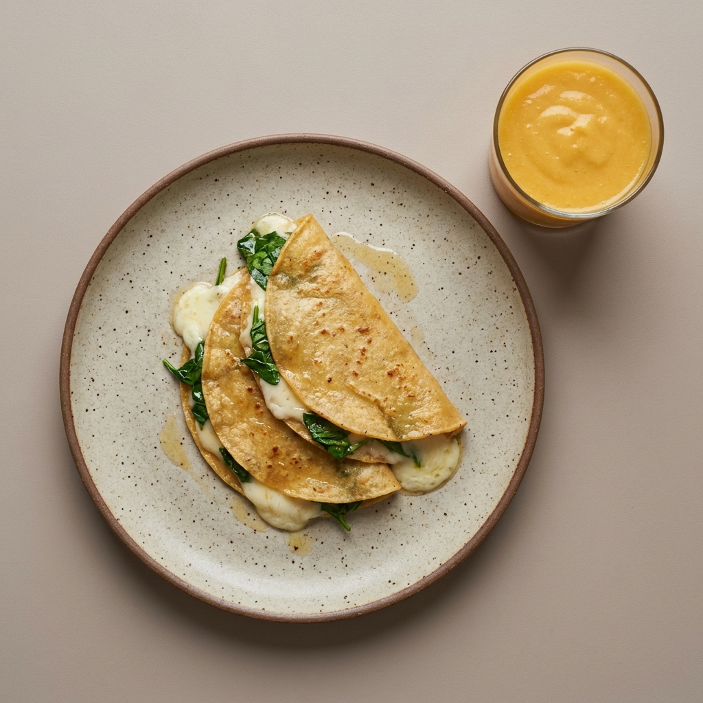 Sincronizadas de queso oaxaca con espinaca + smoothie de mango