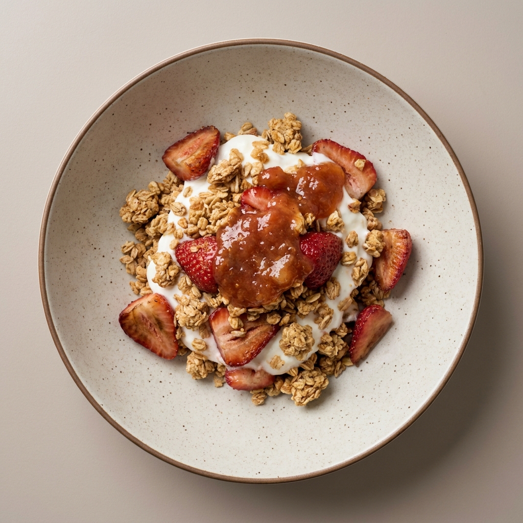 Parfait de yogurt natural con granola, fresa y mermelada