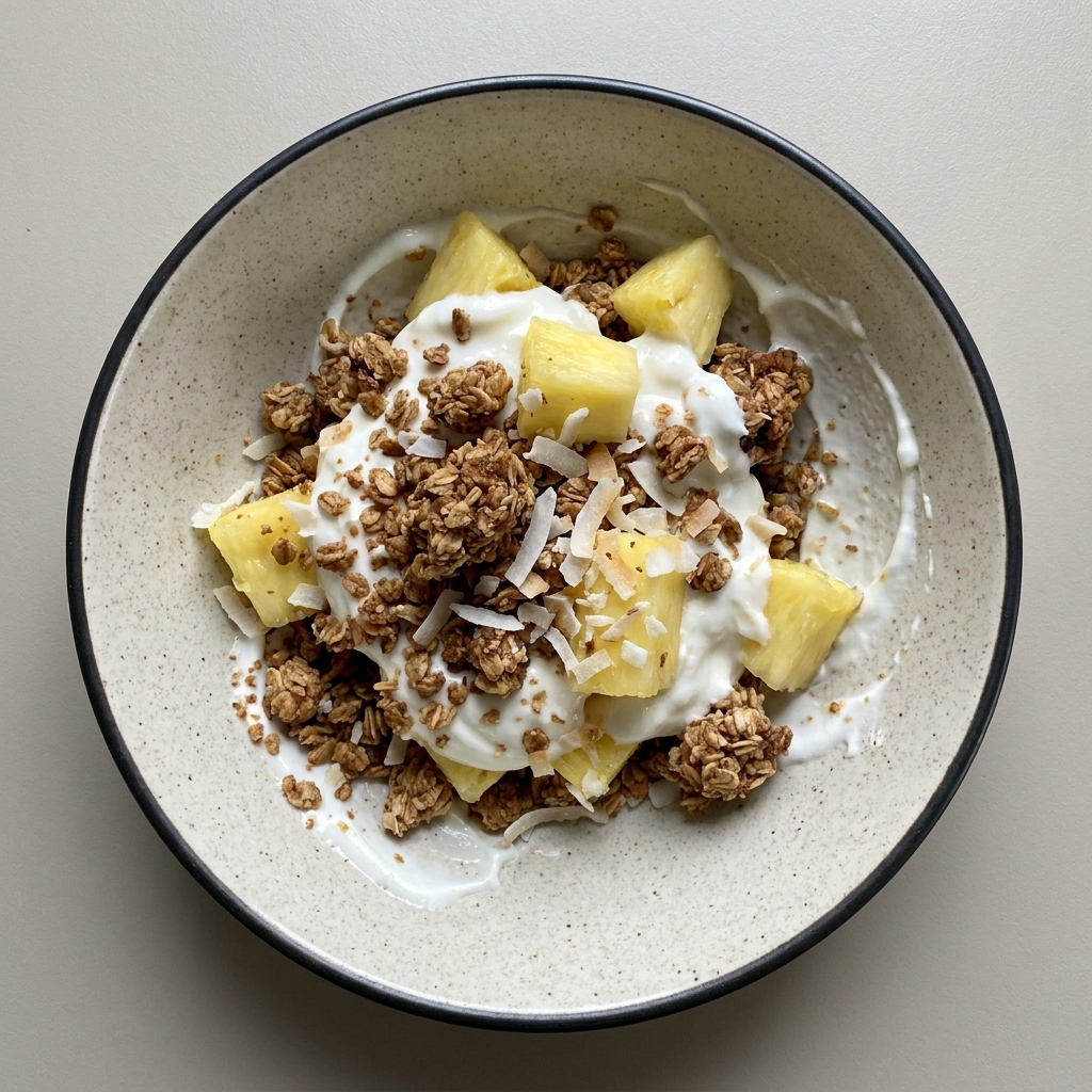 Parfait de yogurt con granola, piña y coco