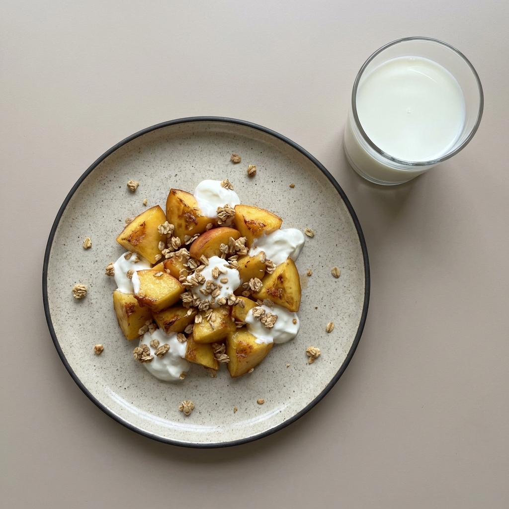 Duraznos con crema y granola acompañado de vaso de leche