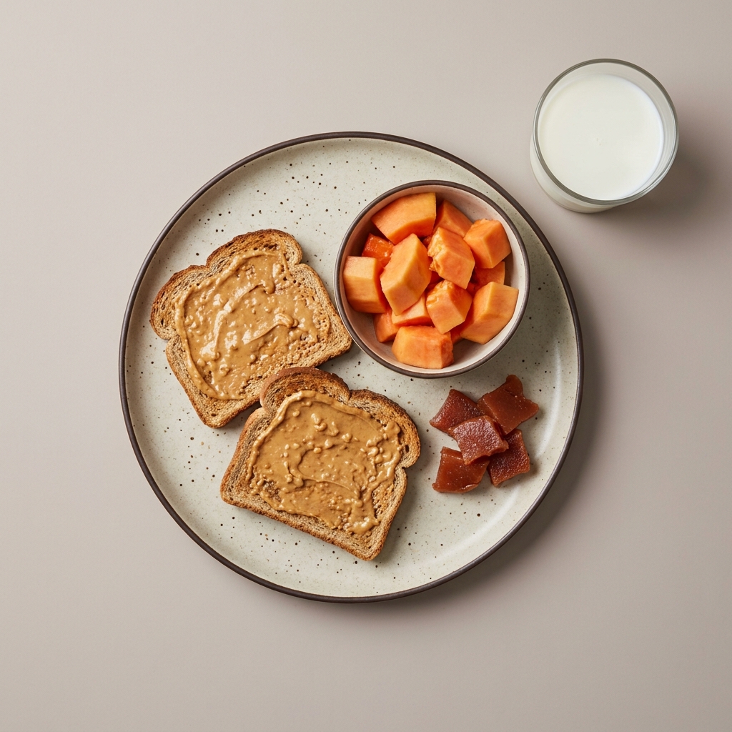 Pan integral con crema de cacahuate, acompañado de papaya y ate, con leche