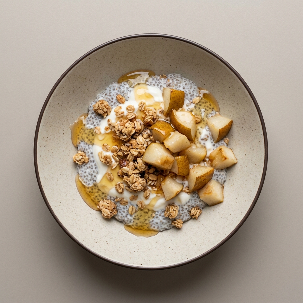 Pudín de semilla de chía con yogurt, granola, pera y miel de abeja