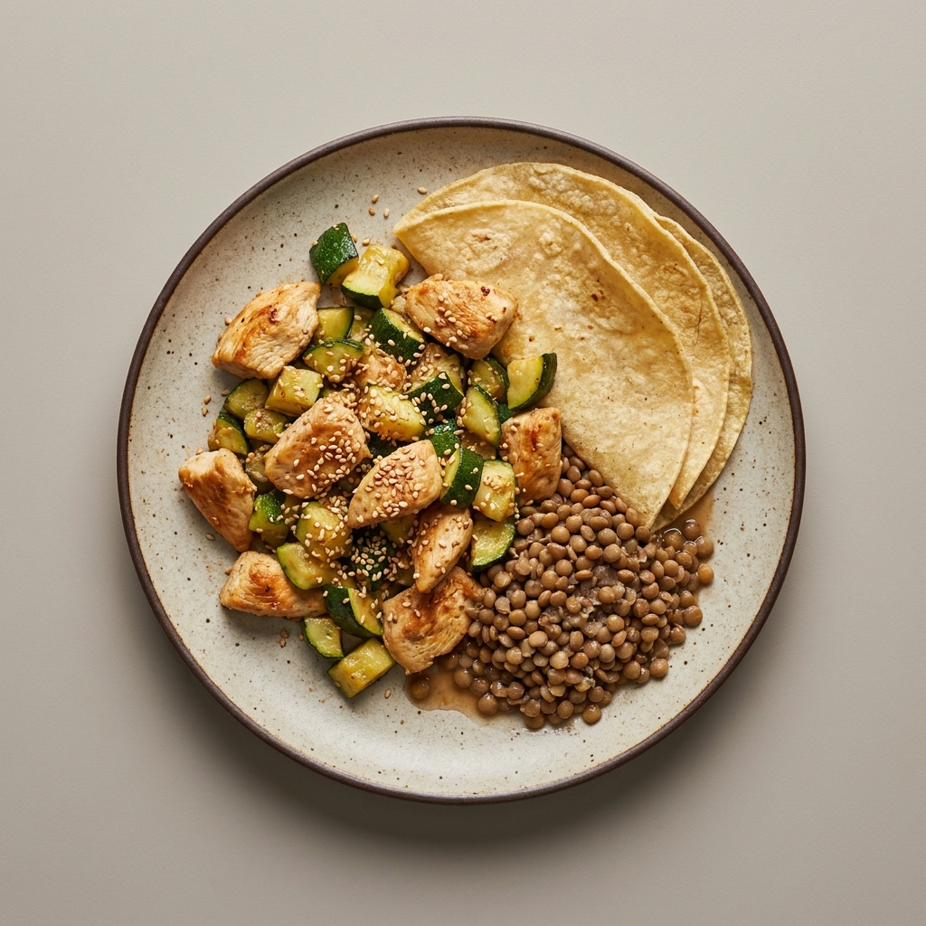 Pechuga de pollo revuelto con calabacita y semilla de ajonjolí, con tortilla de maíz acompañadas de lentejas