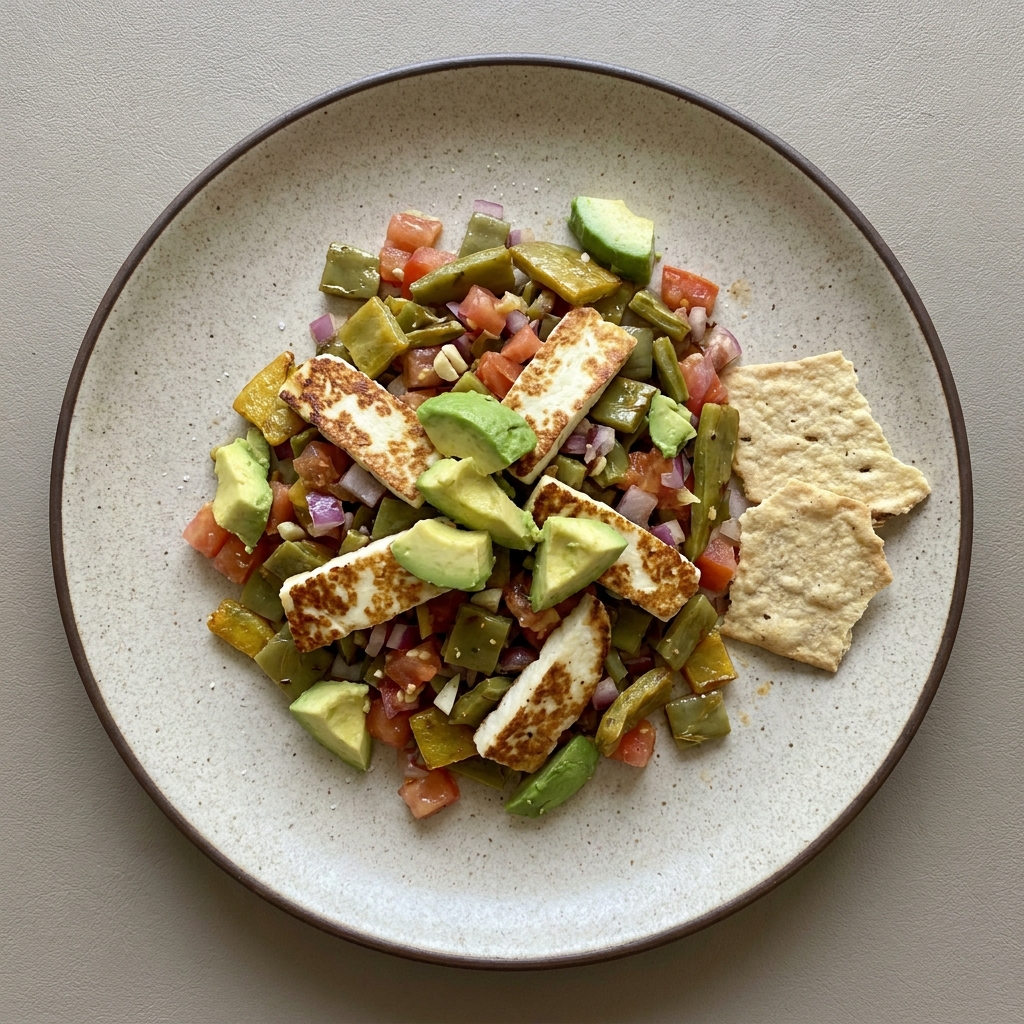 Nopales asados y panela con jitomate + galletas salmas