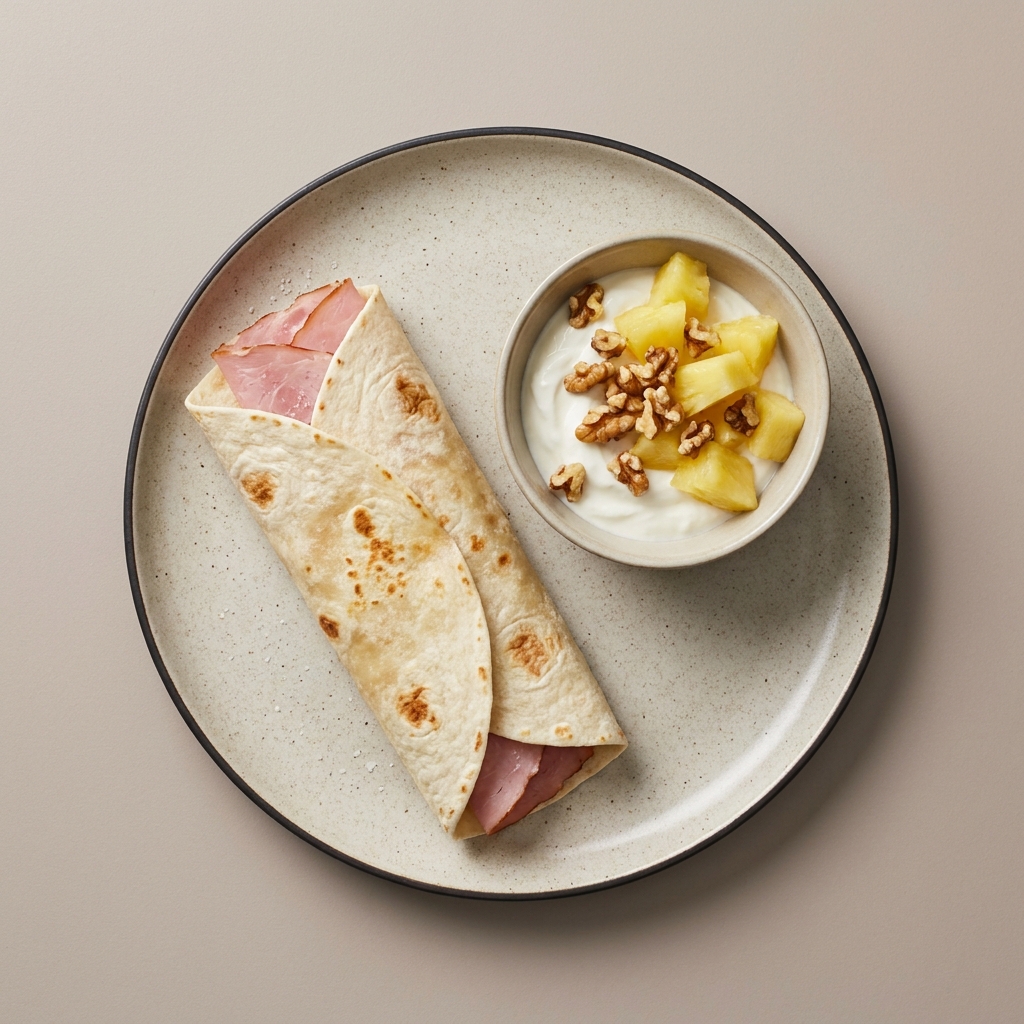 Wrap de jamón bajo en grasa acompañado de yogurt con frutas y semillas.