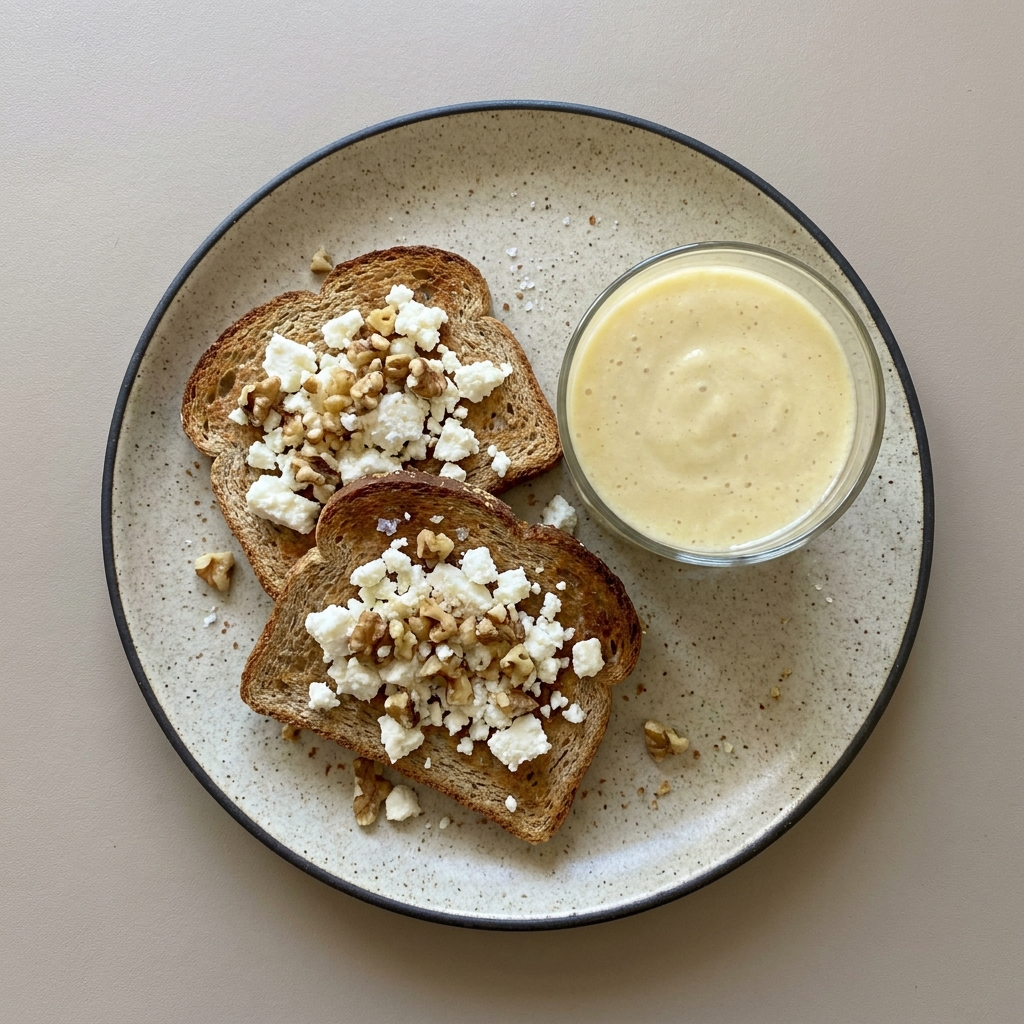 Pan integral con queso fresco y nuez acompañado de licuado de plátano.