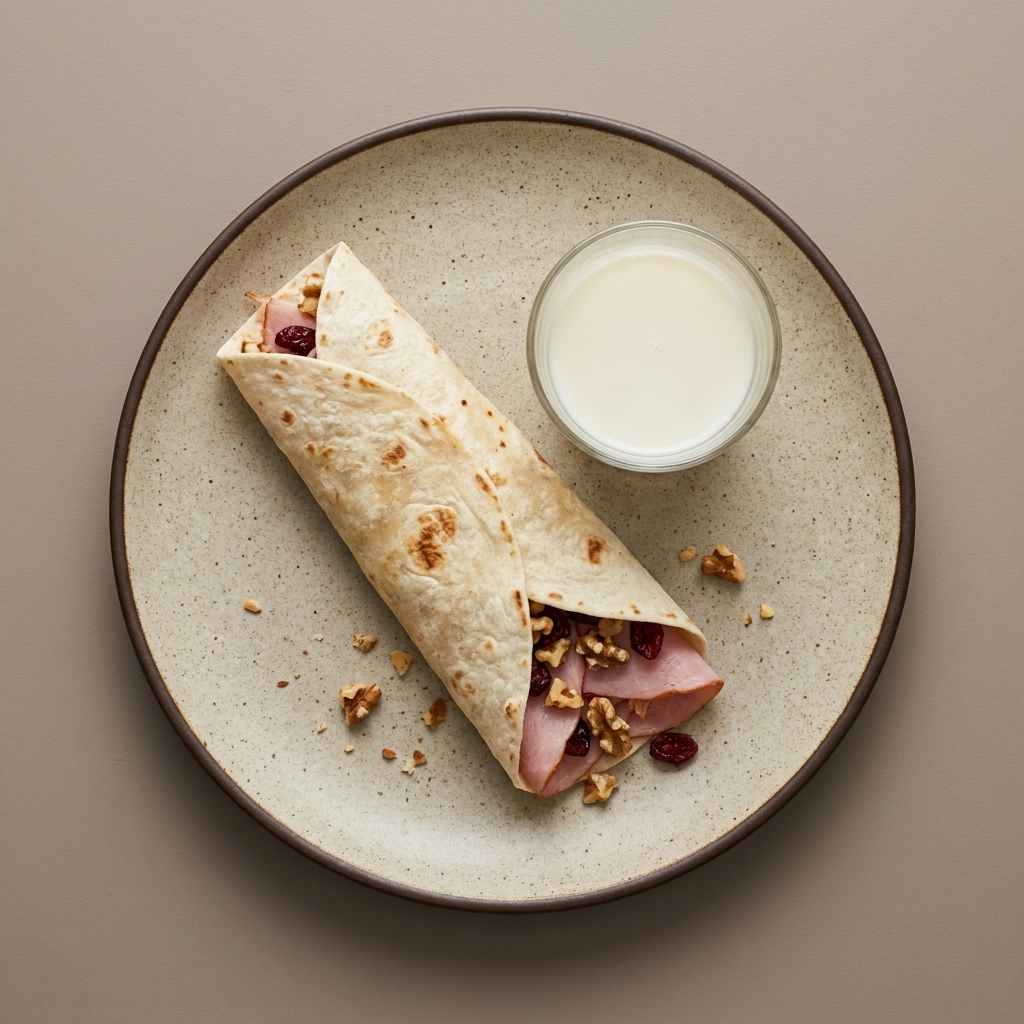 Wrap dulce de jamón con nuez y arándano, acompañado de vaso de leche