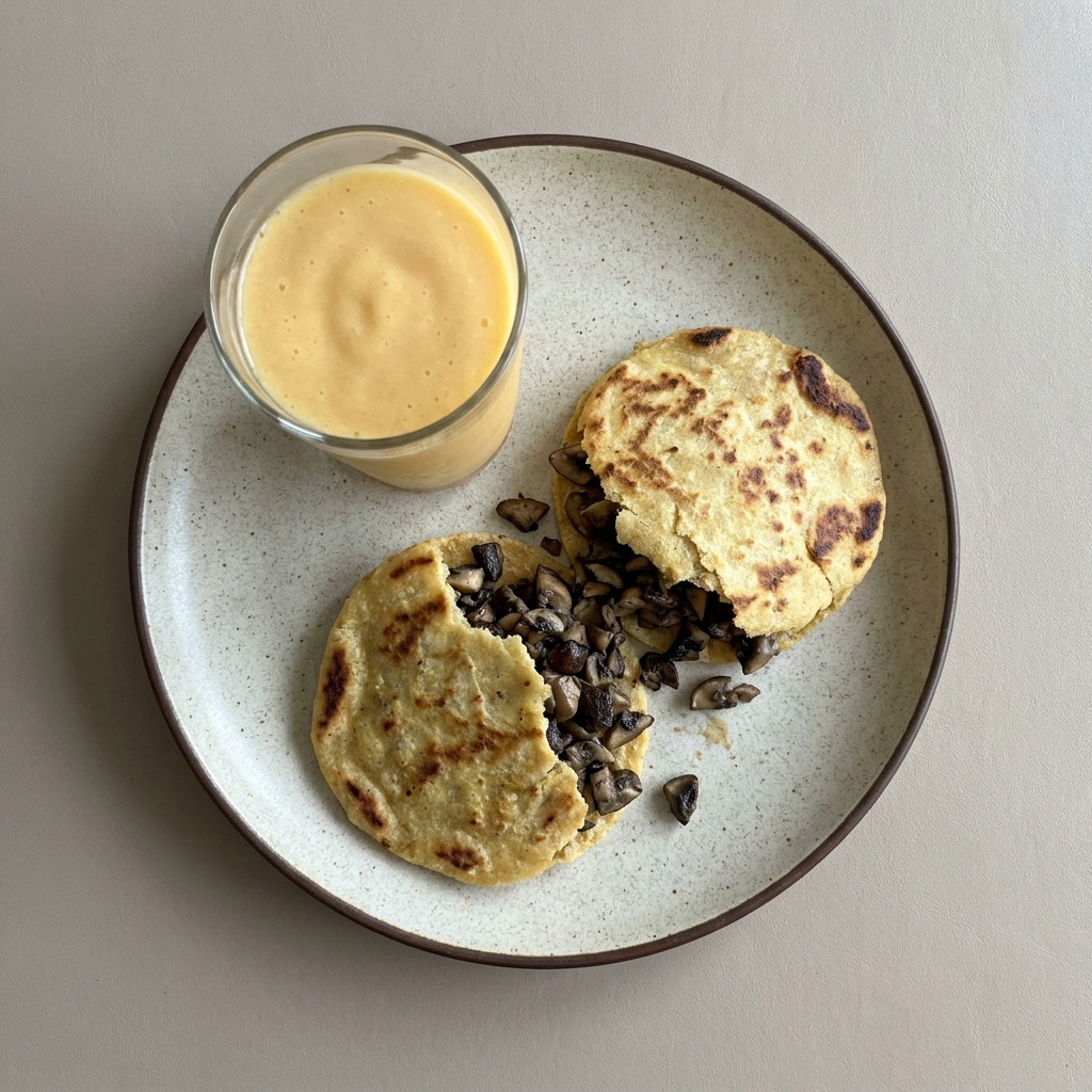 Gorditas de requesón con champiñon, acompañado de licuado de fruta.