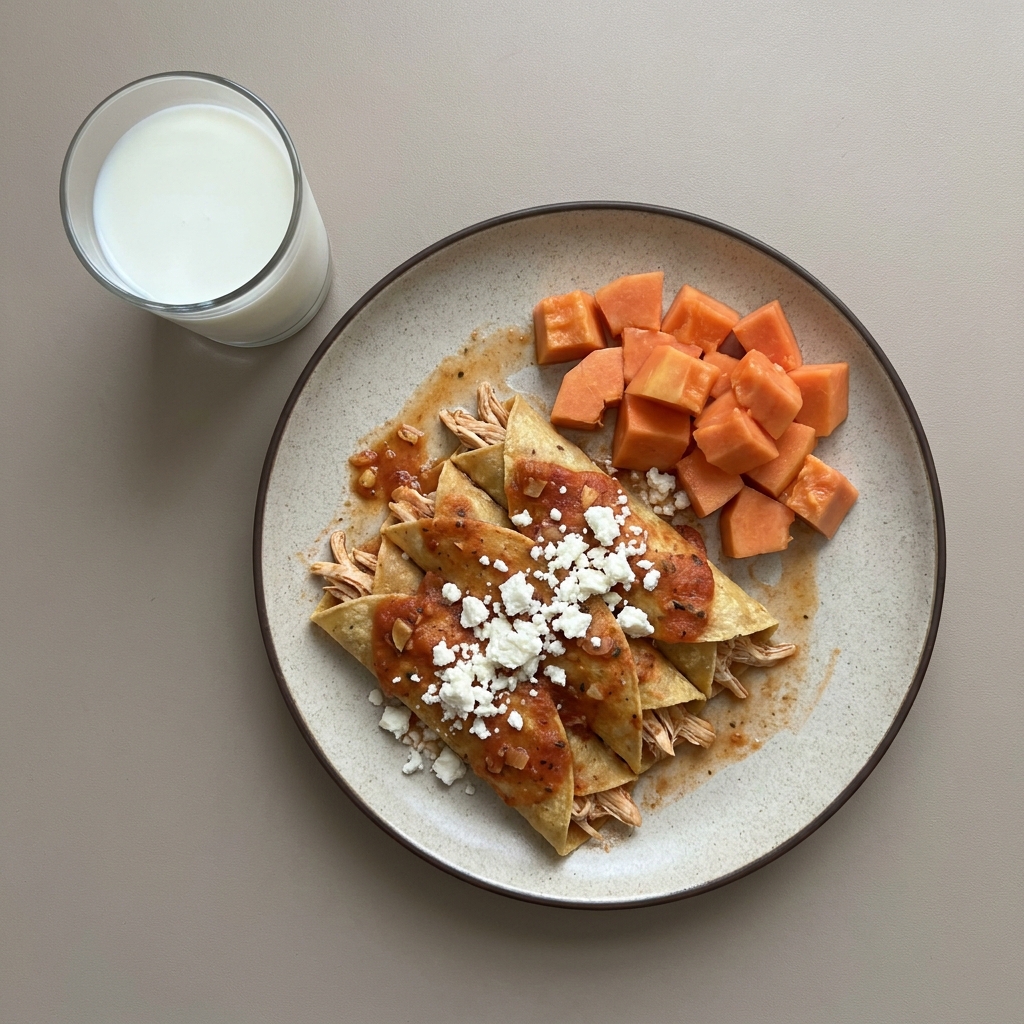 Entomatadas de pechuga de pollo, con papaya y vaso de leche descremada